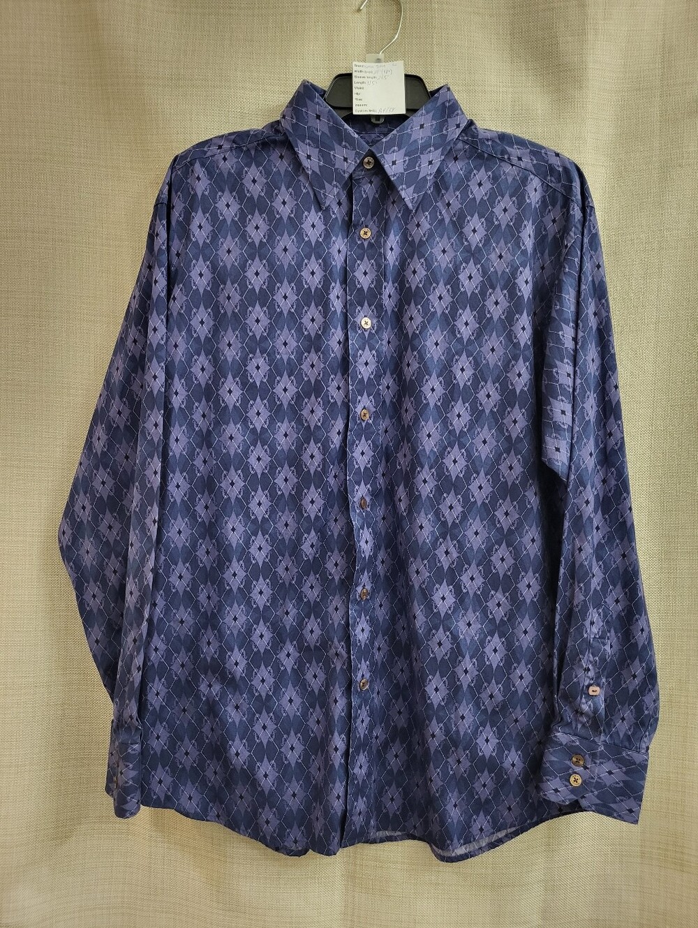 Sean John Men's Blue Black Geometric Argyle Button Down Logo Dressy Shirt Size L